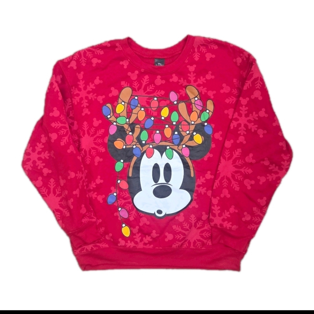 Disney Mickey Mouse Christmas Sweatshirt Lights Red Snowflake Print Kids L